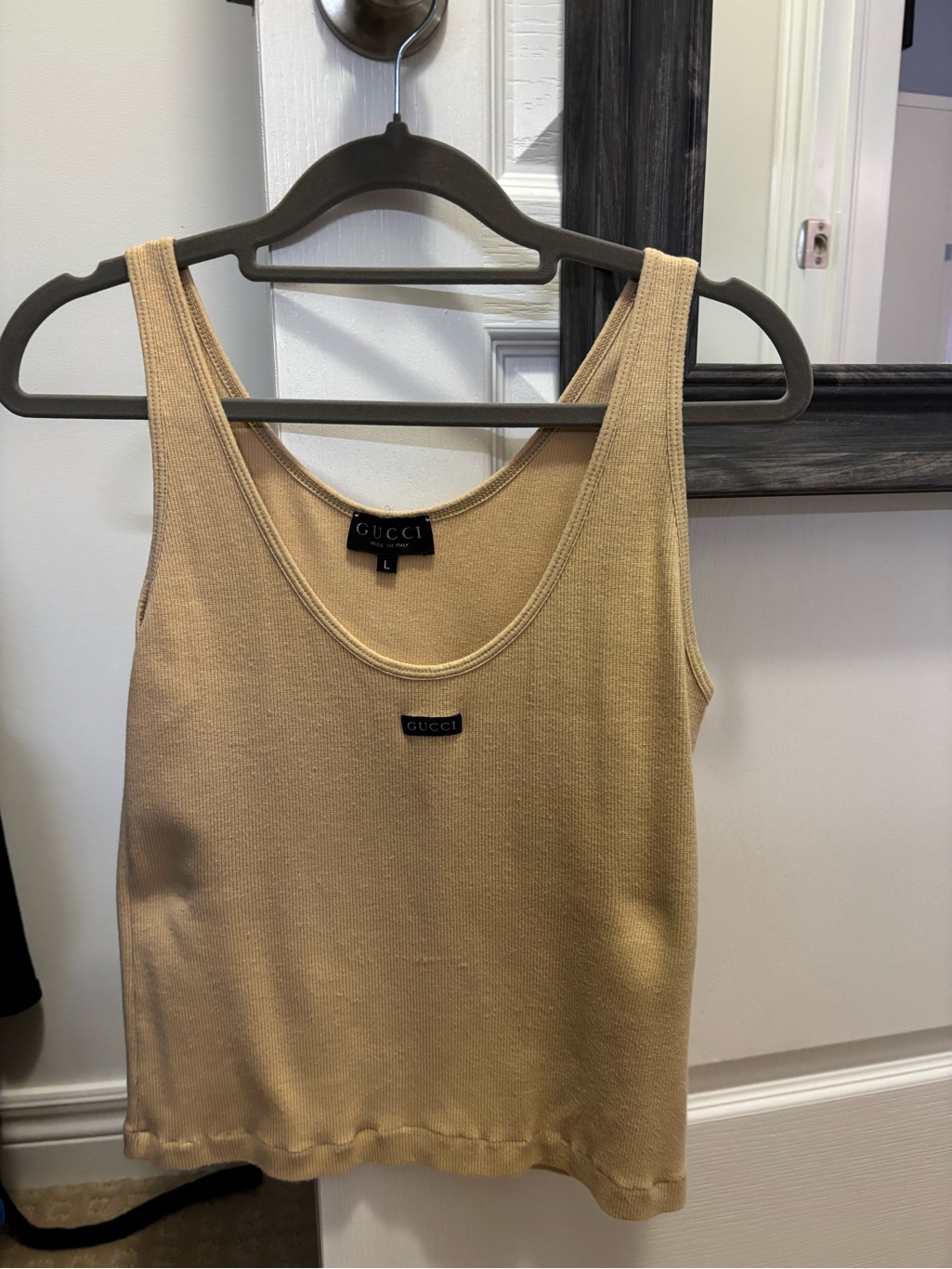 Gucci Beige Ribbed Tank Top With Center Logo